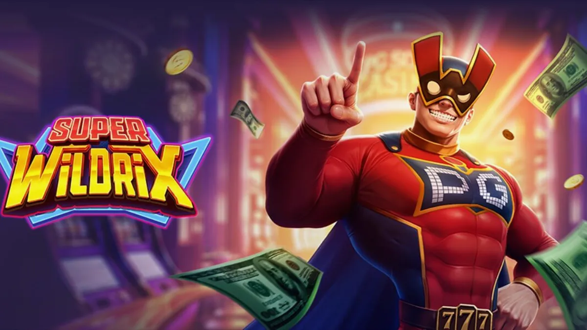 Pahlawan super di slot Super Wildrix dengan latar belakang kota neon